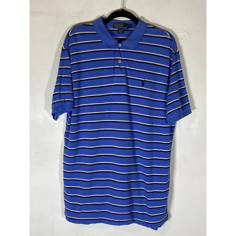 Polo Ralph Lauren Men's Large Blue Striped Short Sleeve Cotton Polo Shirt
